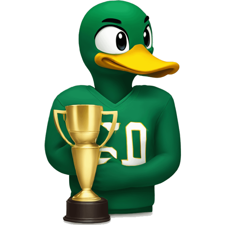 Oregon duck cuddling a trophy emoji