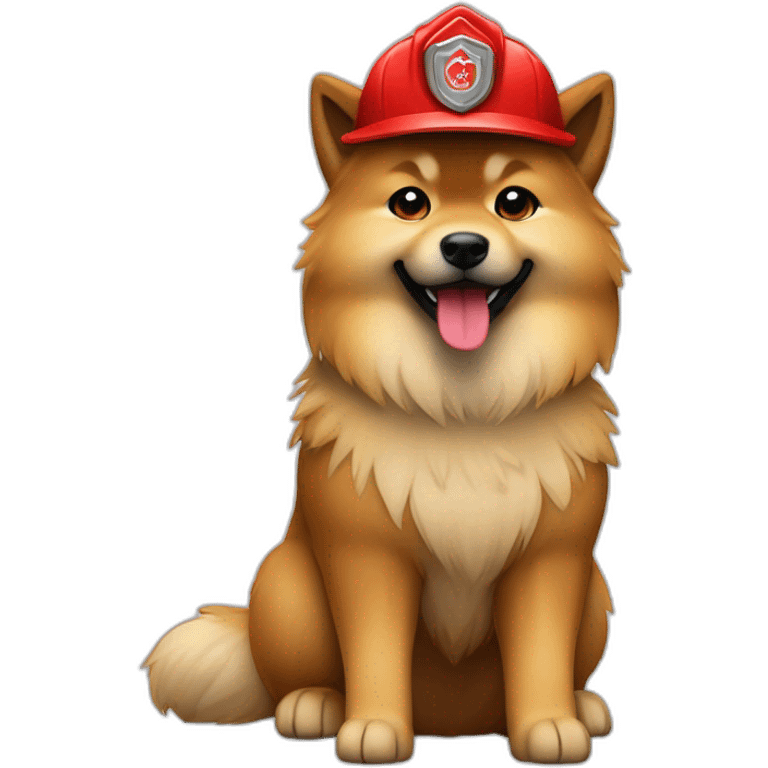 Full body fawn Eurasier happy, Red firefighter hat and red shoes tail wagging emoji