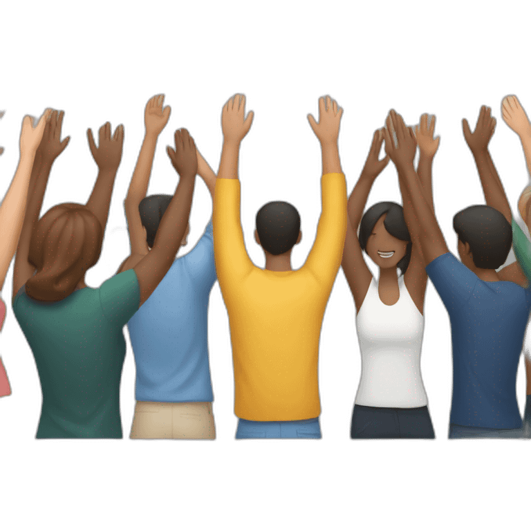 group of people celebrating with their backs to each other with their hands raised emoji