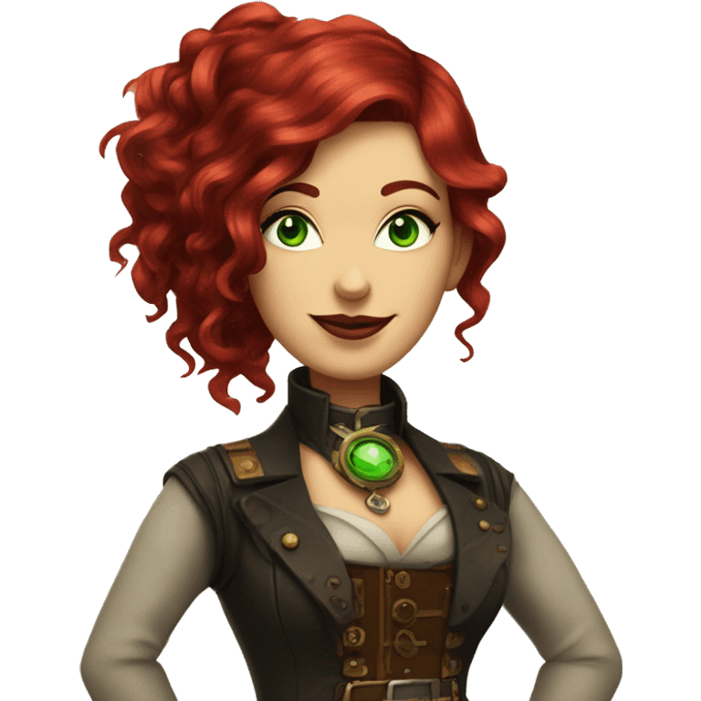 a steampunk woman with ruby red hair and green eyes looking pleased emoji