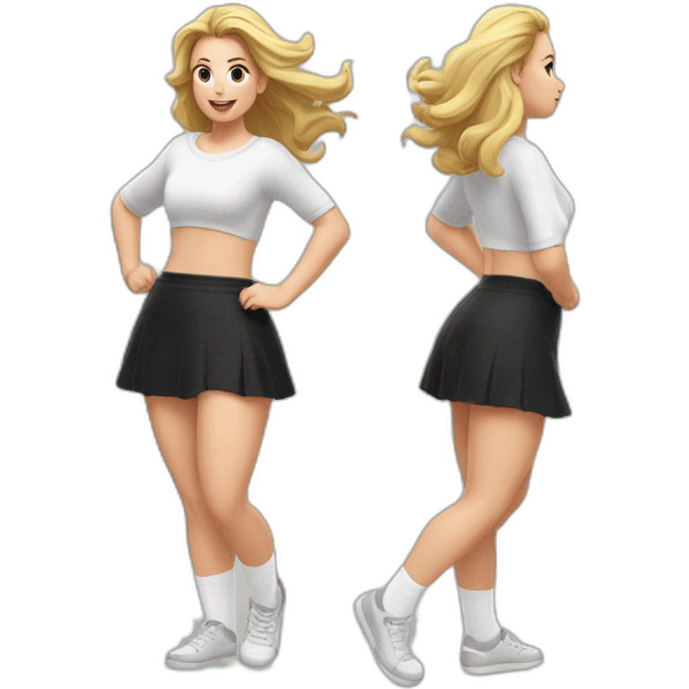 full-body-caucasian-curvy-beauty-jumping-short-black-skirt-back-and-front-views-strong-wind-white-knickers-long-white-socks emoji