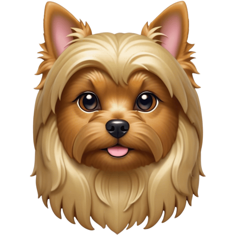 Cinematic Noble Yorkshire Terrier Portrait Emoji, Exuding refined charm and dignified poise, with a lustrous, silky fur in rich, deep hues, alert eyes and a confident expression, simplified yet exquisitely detailed, glowing with a soft, aristocratic radiance, high shine, embodying intelligent grace and classic elegance, soft glowing outline, capturing the essence of a regal Yorkshire Terrier ready to rule the screen with effortless sophistication! emoji