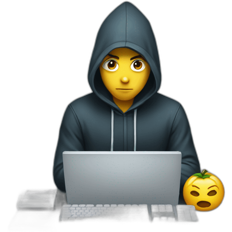 Young man with a hood behind his computer and focus on his code  emoji