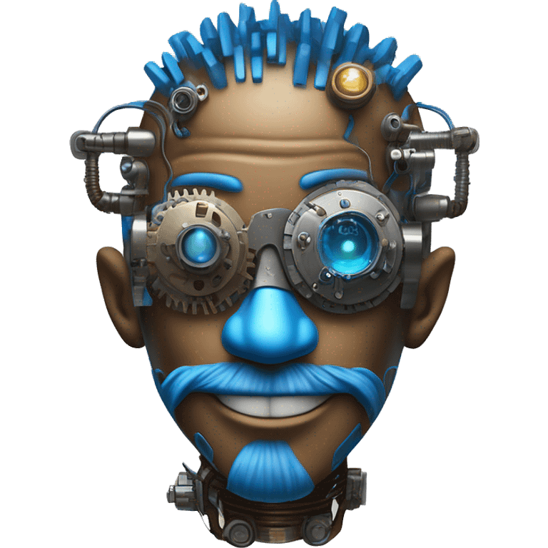 Brown cyborg head with blue Mohawk, blue beard, silver steampunk monocle goggles a smile and circuits emoji