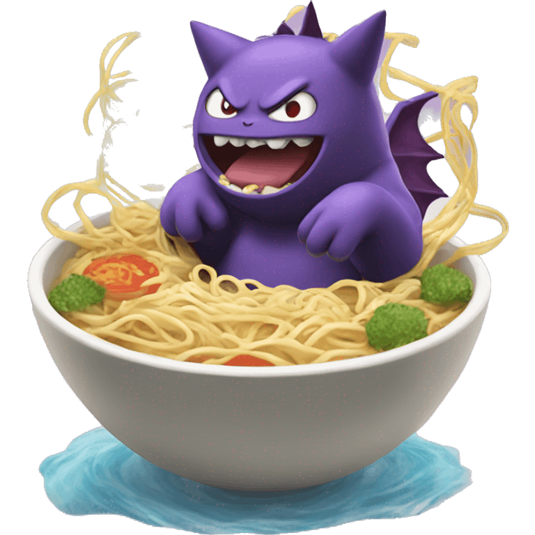 Pokémon character Gengar eating ramen noodles while floating  emoji