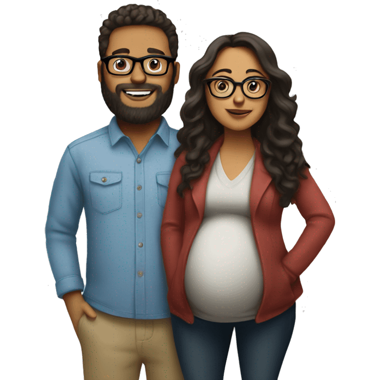 pregnancy announcement, latina woman with glasses standing with white male with glasses and beard  emoji