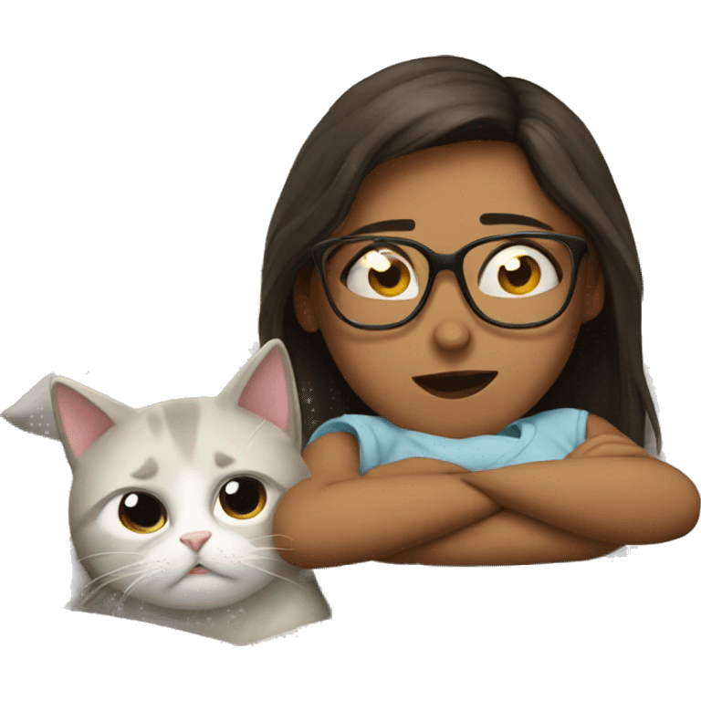 Girl with glasses and a cat crying in bed  emoji