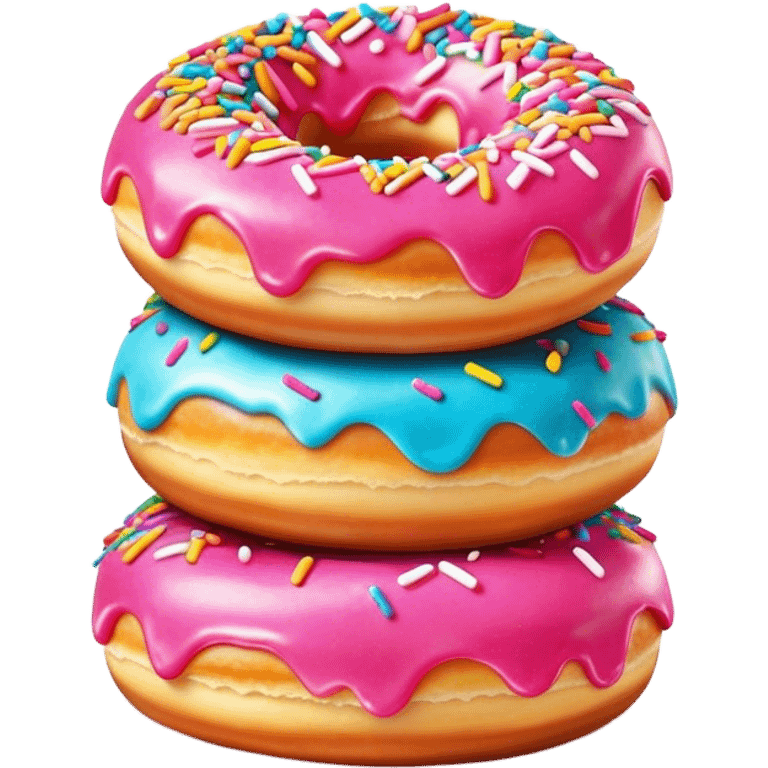 Cinematic fluffy donuts, perfectly golden and dusted with powdered sugar, vibrant icing with sprinkles, stacked in a playful arrangement, soft glowing highlights, warm and inviting. emoji