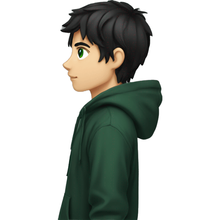 anime boy dark hair dark green eyes in black hoodie side profile side eye emoji