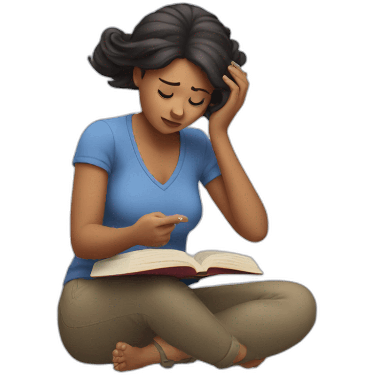 Confused woman scratching hair on head while reading a book emoji