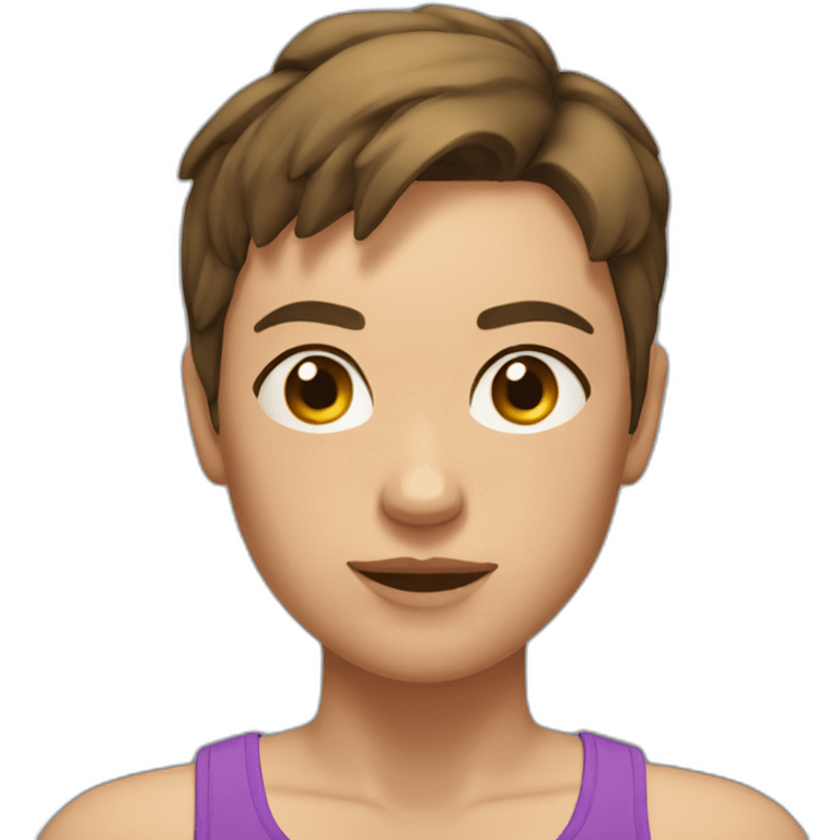 woman with muscles,short hair,tired eyes,brown hair, tight swimming trunks emoji