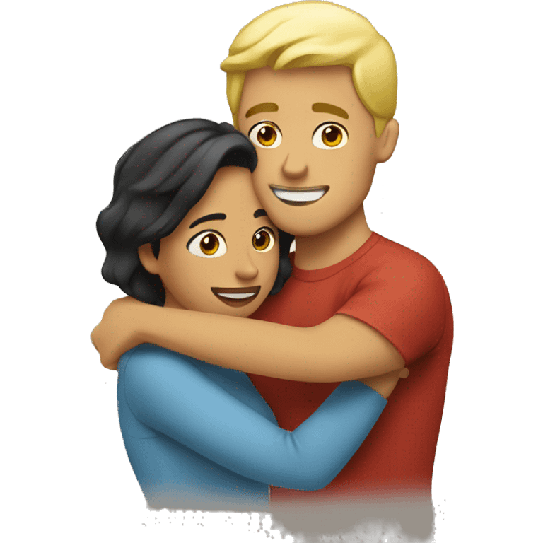 Blond man and hispanic woman hug each other emoji