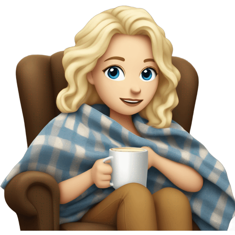 Blonde blue eyed white girl covered in blanket autumn vibe sitting on a cozy chair holding coffee emoji