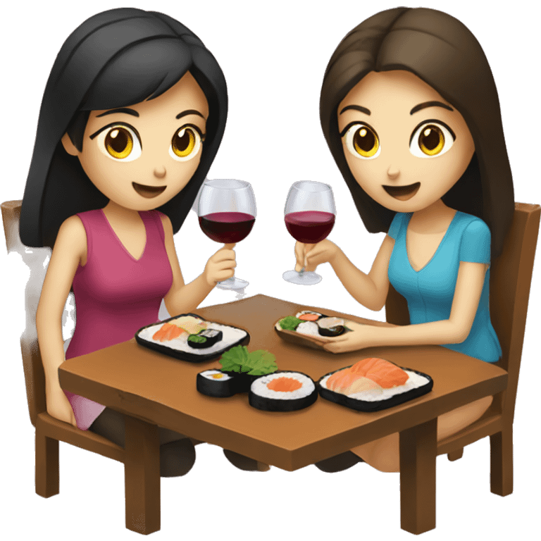 two brunette girls eating sushi and drinking wine  emoji