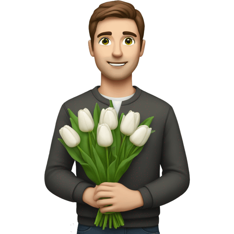 man with brown hair and green eyes holding a bouquet of white tulips emoji