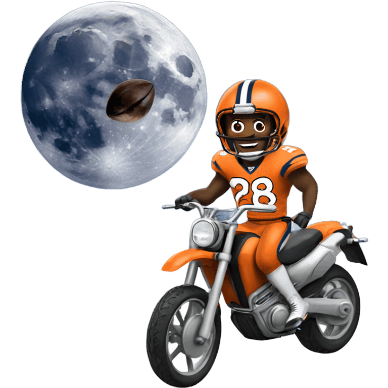 Broncos player holding up Lombardi riding a motorcycle on top of the moon emoji