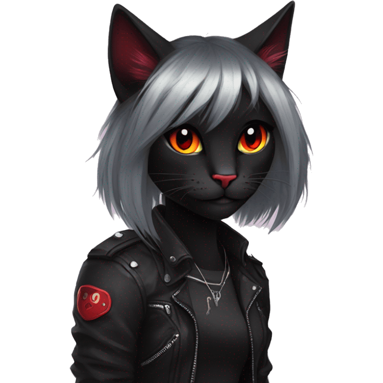 Anthro Edgy Cool Beautiful Black Cat-Fursona with Emo Hair-bangs with Red Streaks emoji