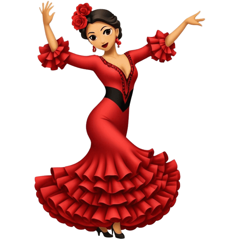 Cinematic Realistic Flamenco Dance Emoji, depicted as a passionate expressive flamenco performance with dramatic costumes and dynamic fiery movements, rendered with vibrant textures and bold energetic lighting that captures its intense rhythm. emoji