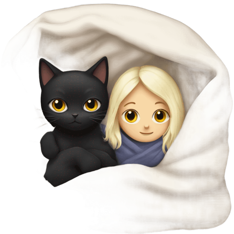 Black cat with White girl cosy under a blanket emoji