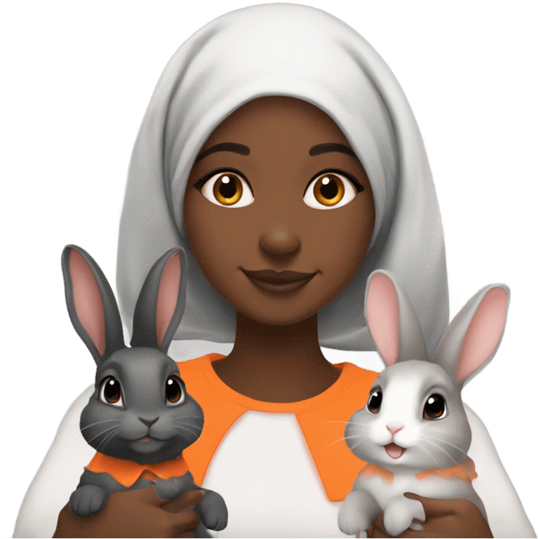 Black Muslim girl and her 3 cute orange, gray, and mix colored holland lop bunnies emoji