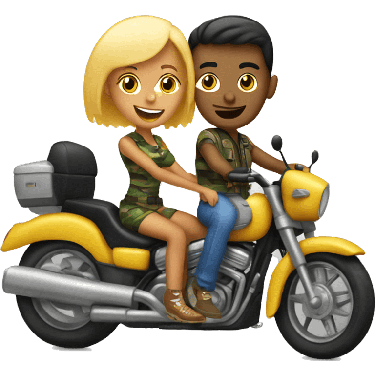 Chico y chica subidos en una moto cuatro ruedas camo emoji