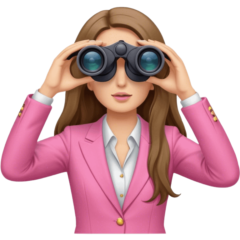 woman with long hair in a pink suit looking through binoculars, front view emoji