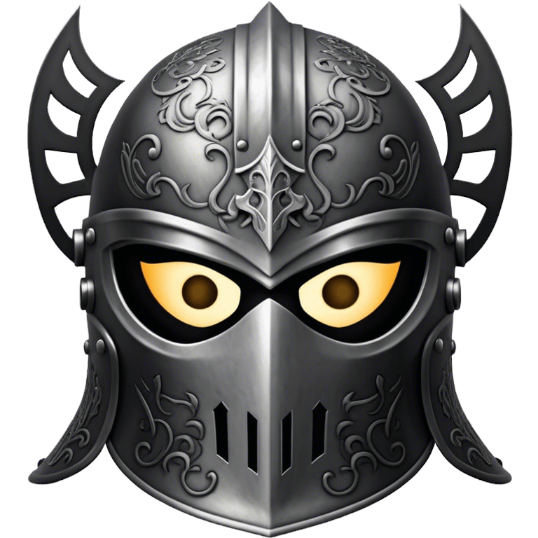 A masked knight with intricate black engravings on his steel helmet, eyes glowing with fury emoji