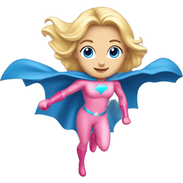 young blonde girl, blue eyes, wearing pink superhero costume, flying  emoji