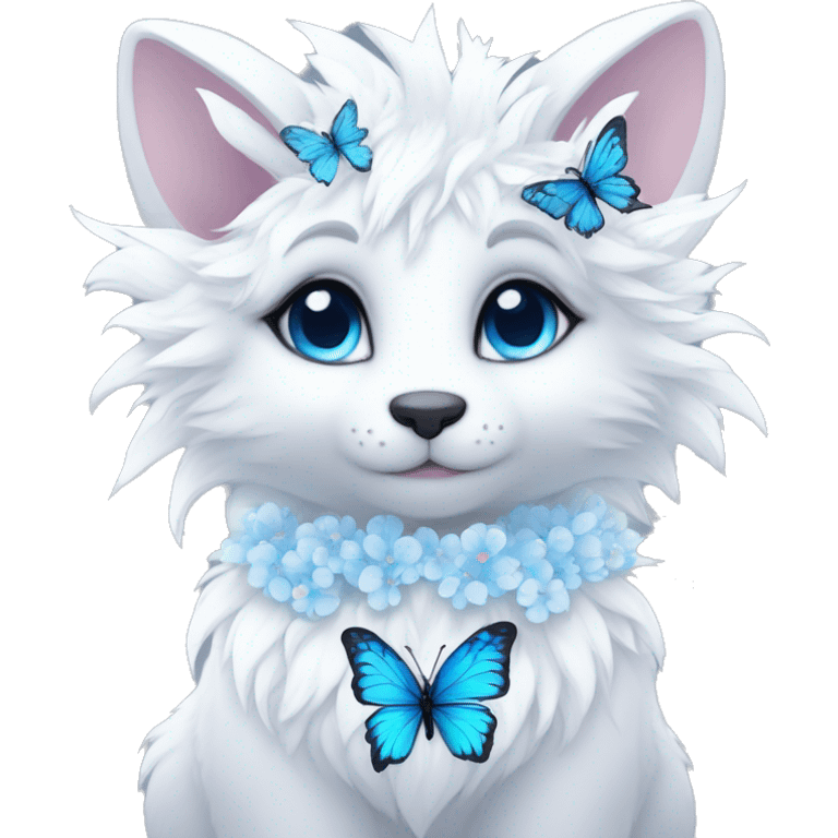 Anthro Edgy Cute Cool Kawaii gorgeous sparkly ethereal white fantasy animal creature with blue eyes furry sona with flowers and butterflies beautiful aesthetic emoji