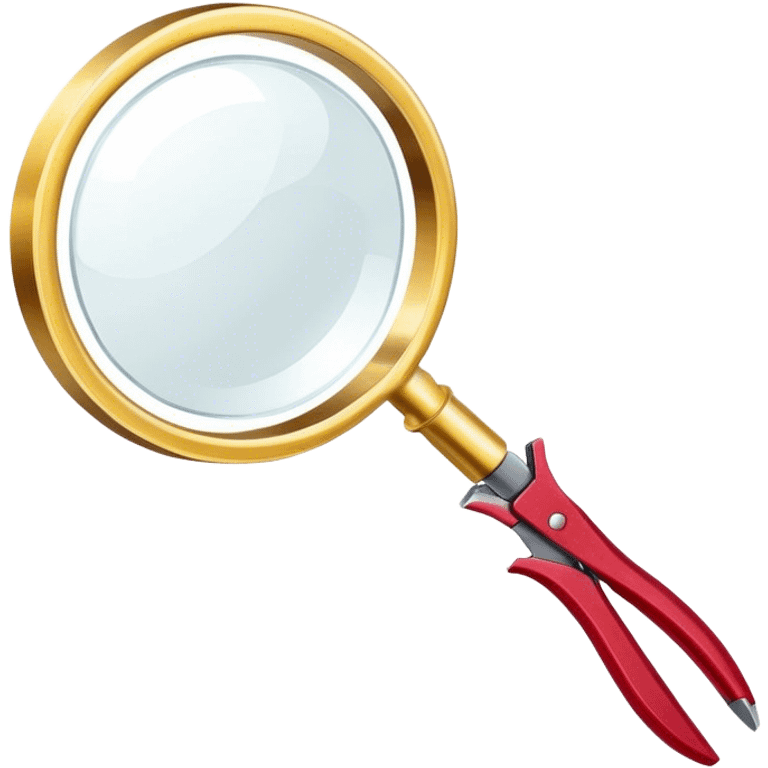 Jewelry art icon. A ring with a golden ruby, magnifying glass and pliers. Minimalistic style, clean lines, transparent background. emoji