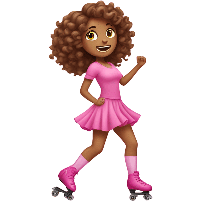 Girl with brown curly hair roller skating in pink  emoji