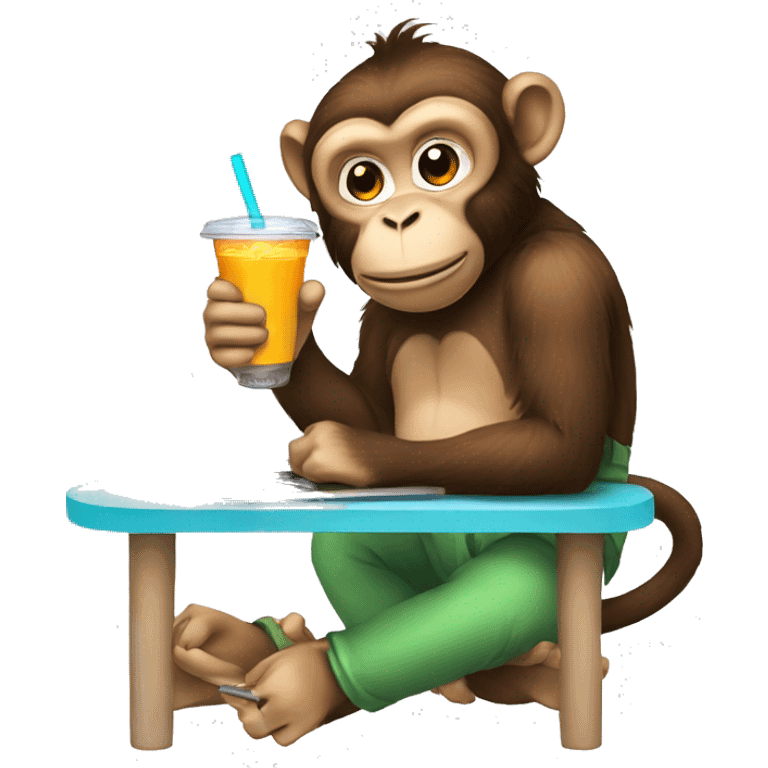 A monkey working on laptop and drinking boba tea  emoji