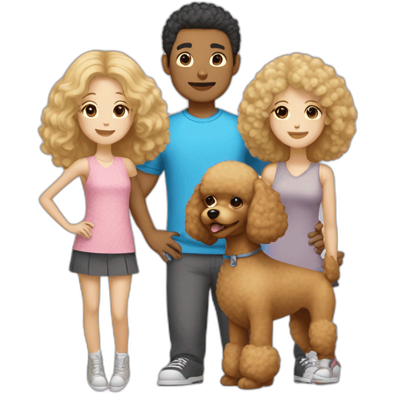 Family consisting of Asian man white blonde girl and fluffy brown toy poodle emoji