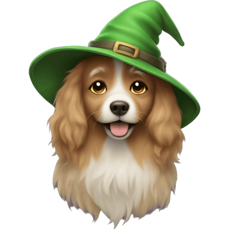 light brown fluffy dog in green witch hat  emoji