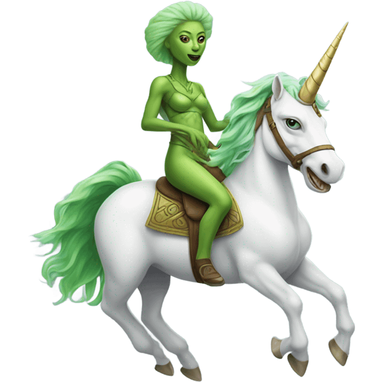 a green amazon alien woman on a white unicorn emoji