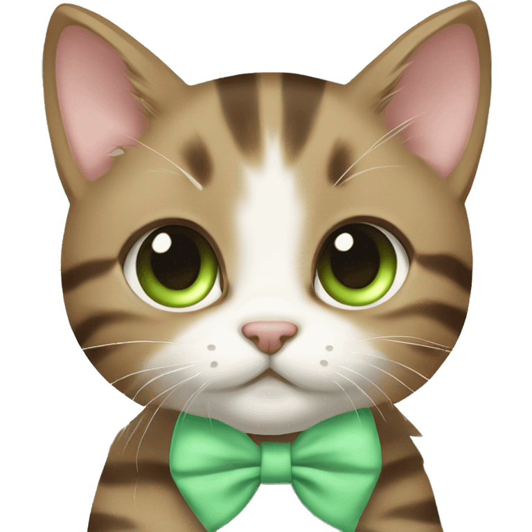 kawaii brown tabby kitten with green eyes and pastel green bow emoji