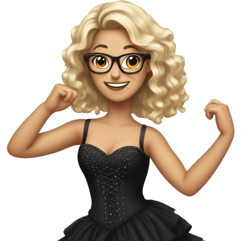 Girl with shoulder length hair and glasses wearing a long black dress with a rhinestone coveted corset top dancing emoji