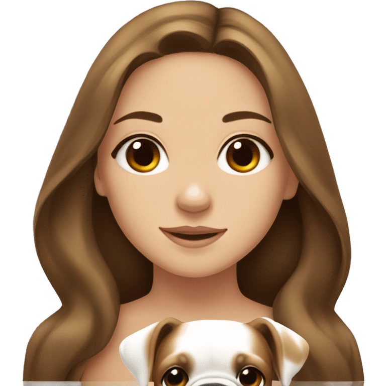 A cute girl with brown long hair and a white and beige bulldog emoji