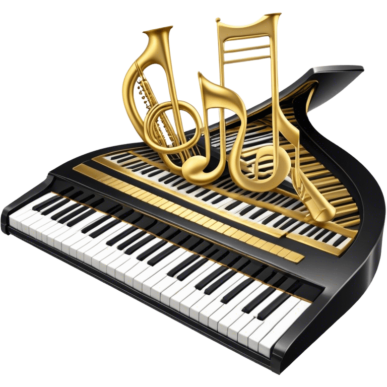 Create an elegant and festive emoji collage representing keyboard instruments, styled like a heraldic emblem. The design should feature a central focal point of black and white piano keys, arranged in a semi-circular or shield-like shape. Around the piano keys, add intertwining musical notes that form flowing ribbons, creating a dynamic and celebratory atmosphere. The design should be professional, with polished silver and gold accents on the keys and notes, highlighting the luxury and sophistication of the instruments. Add subtle shading and lighting effects to give the design a refined, 3D appearance. The background should remain transparent, and the overall feel should evoke grandeur, artistry, and a sense of celebration. emoji