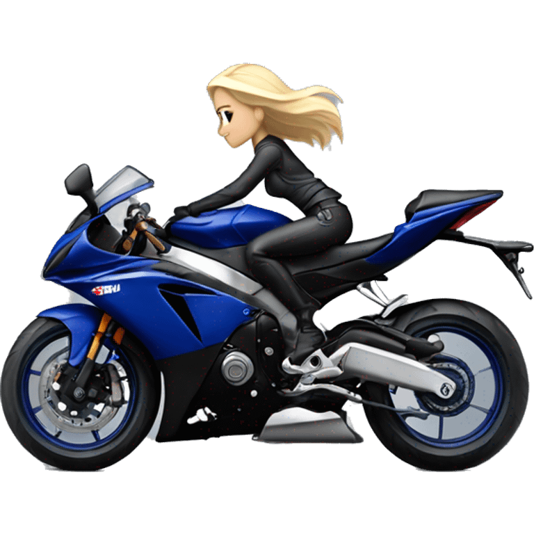 Blonde girl on a dark blue and silver Yamaha R6 side view emoji