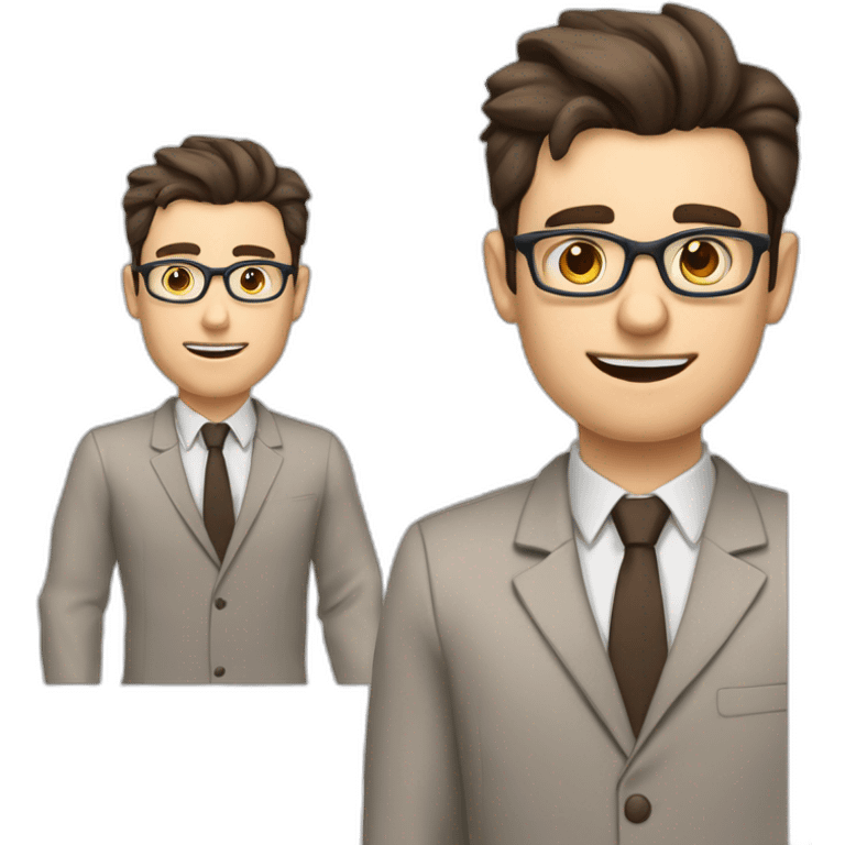 Pale skinned fit man with dark brown hair in gray jacket, beige office shirt, brown tie, brown pants and vintage glasses Writing on the flipchart emoji