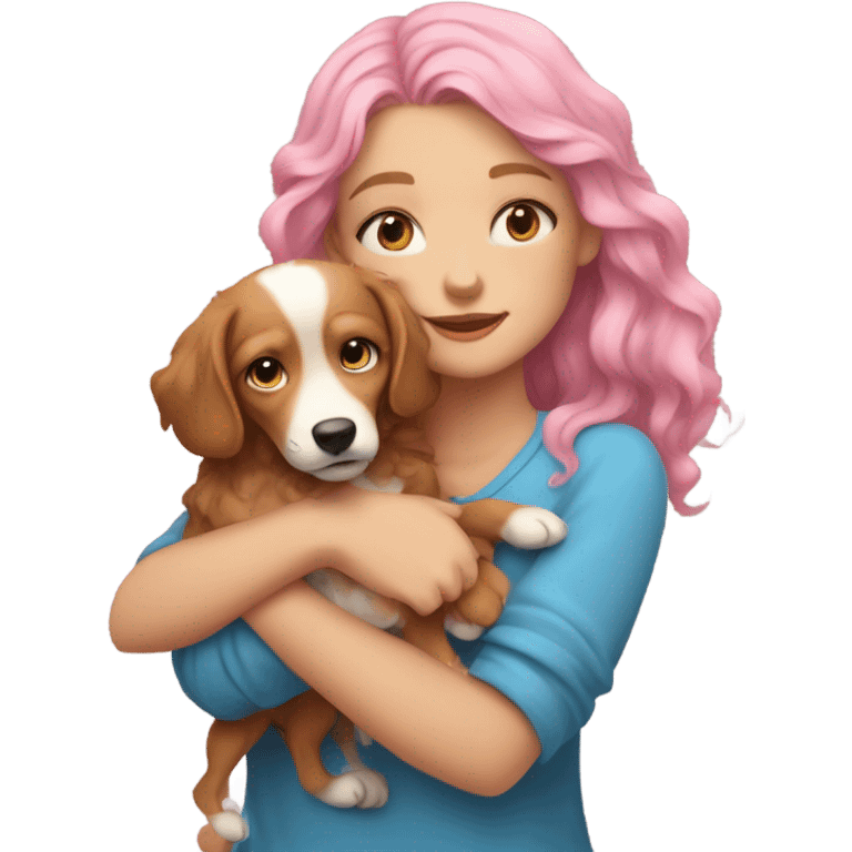 Please create a girl who hugs her pet doggie. The girl has a cute face and so does the doggie. The girl has light skin, blue eyes and pink wavy long hair. emoji