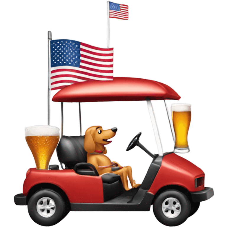 Hot dog driving a golf cart drinking a beer with an American flag emoji