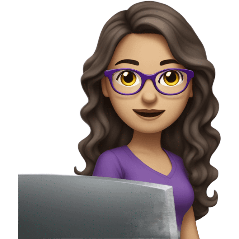 Beautiful brunette white skin wavy long hair  girl working on a computer with purple glasses emoji