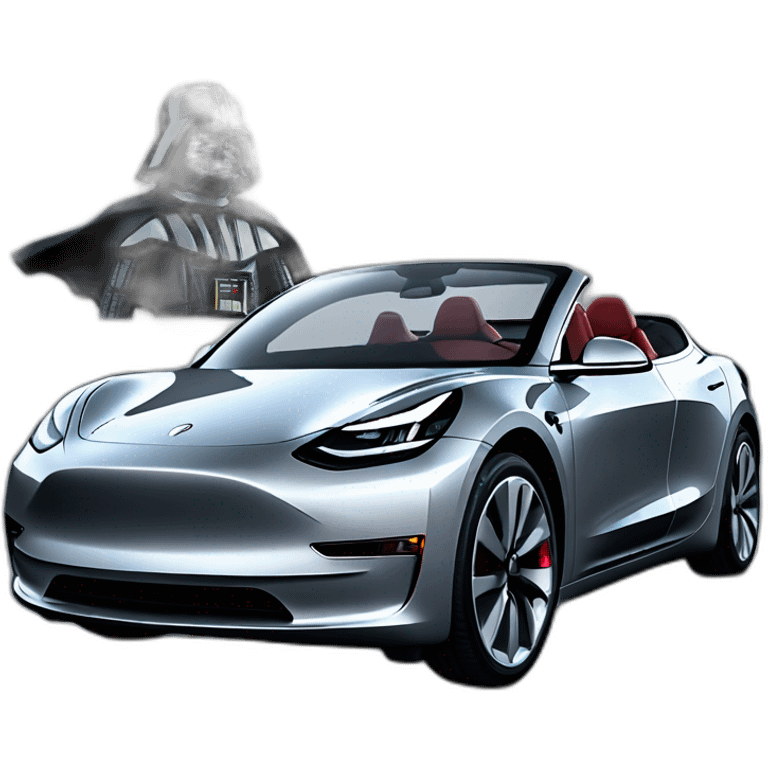 Darth Vader driving an open top black Tesla Model 3, with grey seats, front view emoji