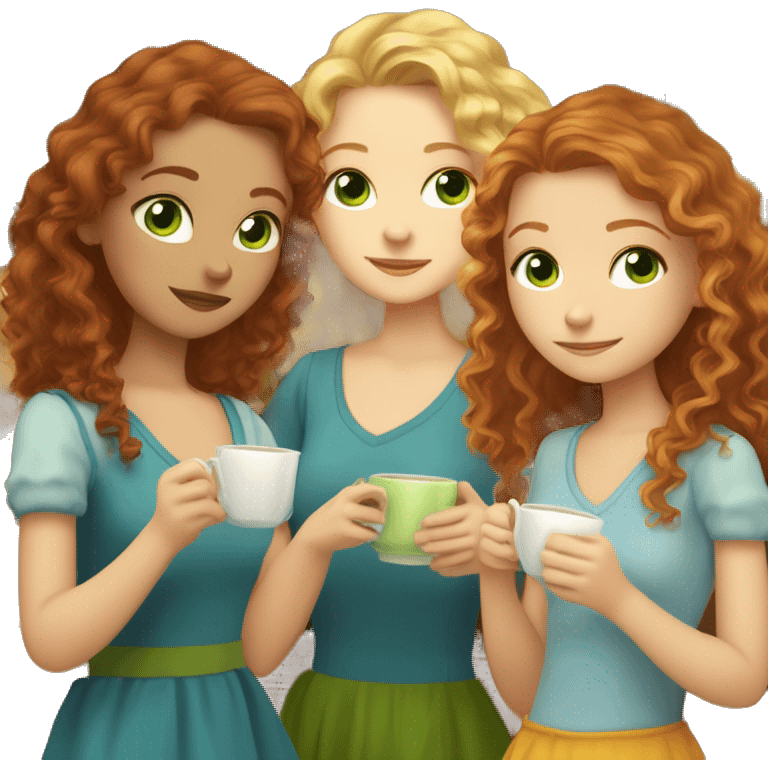 Three fair-skinned girls, a blonde with curly hair and gray eyes, a redhead with green eyes and long hair and a brown-haired woman with long hair and blue eyes are drinking tea emoji