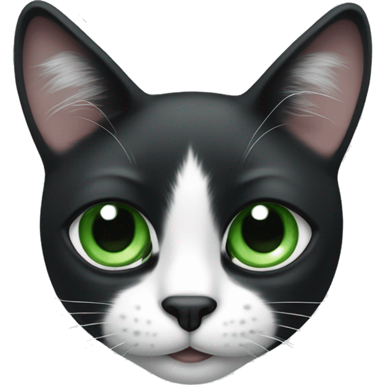 Black and white cat, black dots on both ears and only one eye and with green eyes emoji