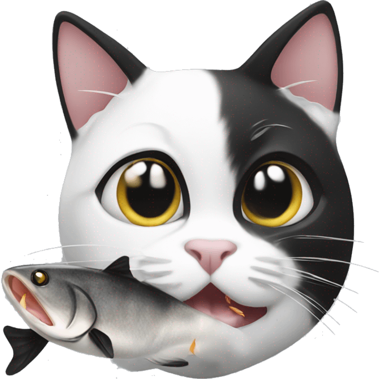 black and white cat eating fish emoji