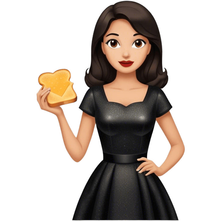 Beautiful woman in 1950’s woman fashion look, black shimmery dress, long dark brown hair, grilled cheese sandwiche emoji