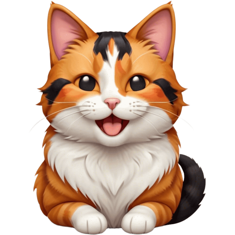 Cinematic Cute Yawning Calico Cat Portrait Emoji, Head tilted mid-yawn with a charming, relaxed expression, showcasing a soft patchwork fur of vibrant orange, black, and white, simplified yet irresistibly adorable, highly detailed, glowing with a cozy, gentle radiance, high shine, exuding sleepy yet endearing charm, styled with a soft glowing outline, capturing the essence of a calico cat caught in a delightful yawn that seems ready to cuddle up for a nap! emoji